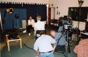 The crew prepares for Lucy Fleming's on-camera interview