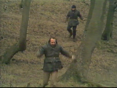 The group flee down a steep hillside heading for the safety of the riverbank