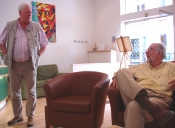 Dr Who actor Tom Baker, at the studio for a different project, chats with Tristan de Vere Cole, at the series 3 DVD studio day, August 2005