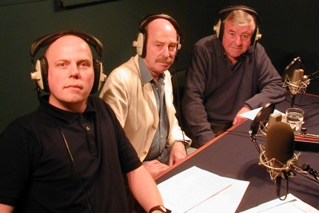 Denis Lill and Pennant Roberts, with moderator Rich Cross, record the episode commentary