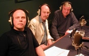 Denis Lill and Pennant Roberts, with moderator Rich Cross, prepare for the episode commentary