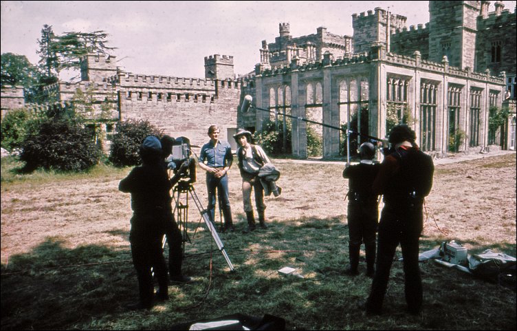 Ian McCulloch (Greg, left) and Chris Tranchell (Paul, right) rehearse a scene from The Future Hour, in the grounds of Hampton Court - some time between 20-24 May 1975