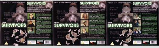Front and back covers of all three volumes of DDHE's video release of Survivors series one